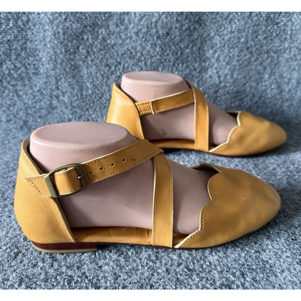 Bali ELF Women 7 Mangrove Mustard Leather Scalloped Cross Strap Mary Jane Flats